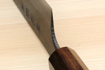 Utility knife tip and bolster with dark blade and wooden handle