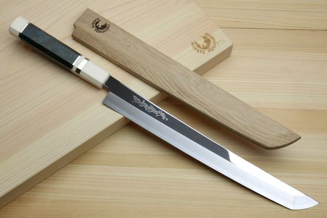Yoshihiro Ginsan Mirror Polished Stain Resistant Steel Sakimaru Takobiki Sushi Sashimi Slicer with Ocean Blue Handle with Ivory Bolster — Blade Length 11.8" (300mm)