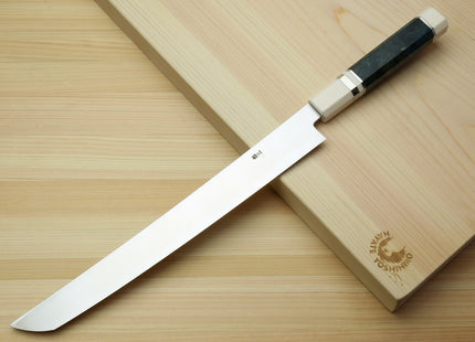 Yoshihiro Ginsan Mirror Polished Stain Resistant Steel Sakimaru Takobiki Sushi Sashimi Slicer with Ocean Blue Handle with Ivory Bolster — Blade Length 11.8" (300mm)
