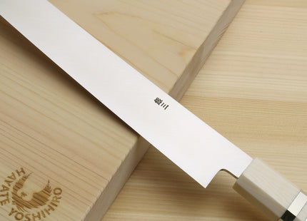 Yoshihiro Ginsan Mirror Polished Stain Resistant Steel Sakimaru Takobiki Sushi Sashimi Slicer with Ocean Blue Handle with Ivory Bolster — Blade Length 11.8" (300mm)