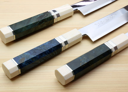 Yoshihiro Ginsan Mirror Polished Stain Resistant Steel Sakimaru Takobiki Sushi Sashimi Slicer with Ocean Blue Handle with Ivory Bolster — Blade Length 11.8" (300mm)