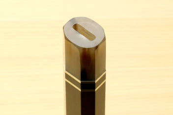 Chef knife handle end with horn bolster and triple ring stripes, thumb slot visible, for Kiritsuke knives