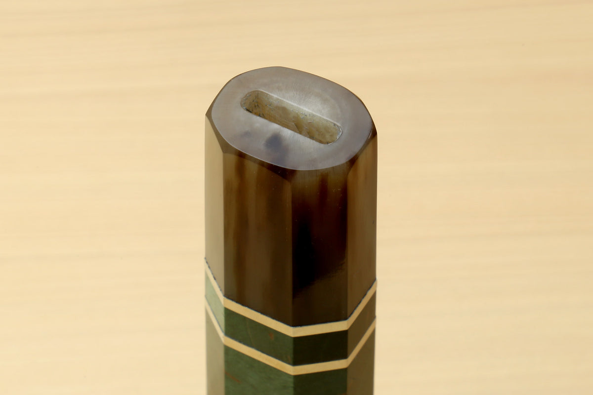 Knife handle with green burl body, dark horn bolster, and white striped band, for Gyuto knives