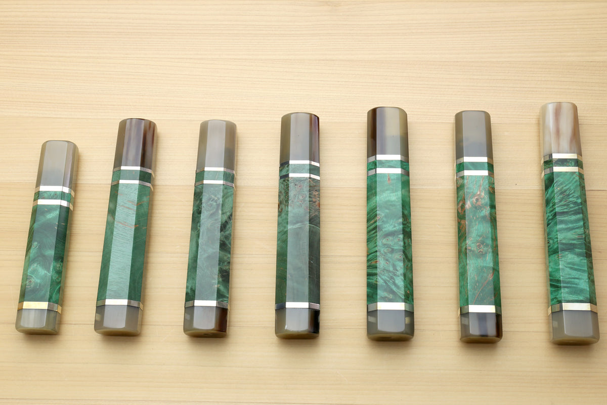 Set of green stabilized burl knife handles with horn bolsters and white striped collars, for Gyuto knives