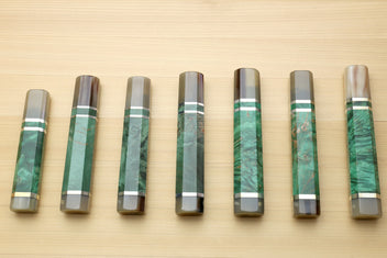 Set of green stabilized burl knife handles with horn bolsters and white striped collars, for Gyuto knives