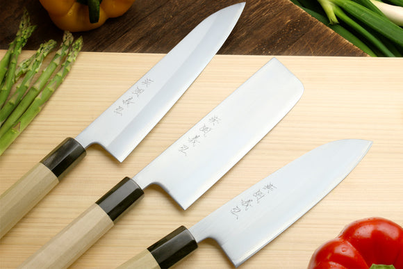 Yoshihiro White Steel #1 Stainless Clad Knife 3pc Set with Magnolia Wood Handle