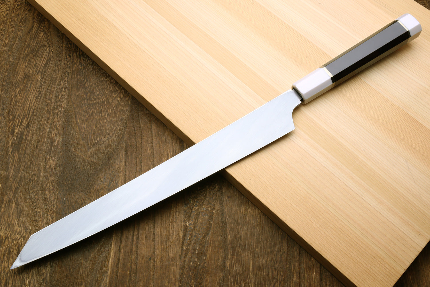 Yoshihiro VG-10 Honyaki Yanagi Kiritsuke Japanese Sushi Sashimi Knife with Double Nickel Silver Ring Corian Ebony Handle