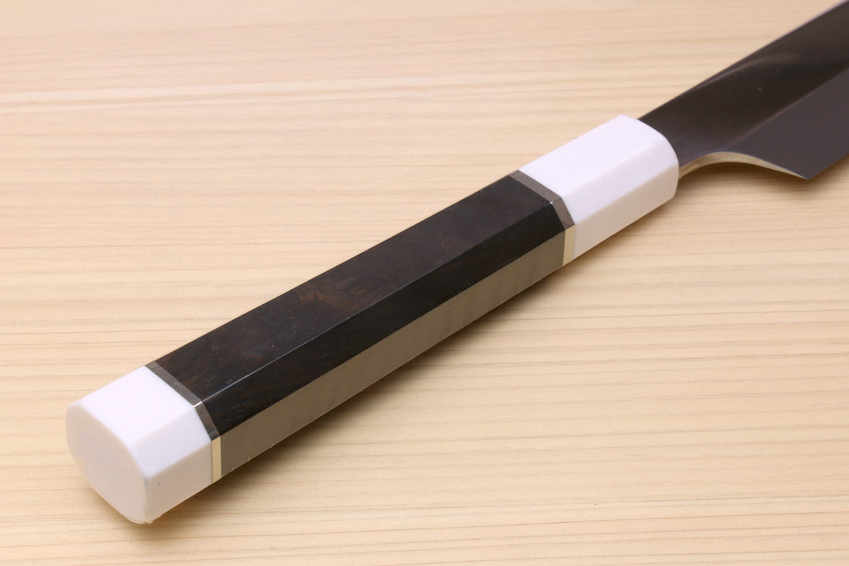 Japanese sushi knife handle with dark ebony grip, white spacer, and silver ring