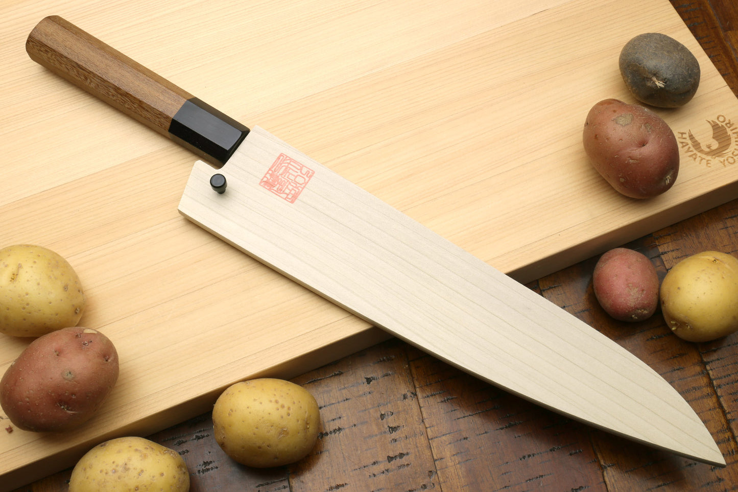 Yoshihiro VG-1 Gold Stainless Steel Gyuto Japanese Chefs Knife Ambrosia Handle with Saya Cover