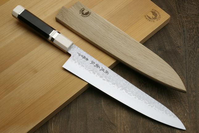 Yoshihiro Super Blue Steel Stainless Clad Hammered Gyuto Chefs Knife Ebony Wood Handle with Alternative Ivory Bolster