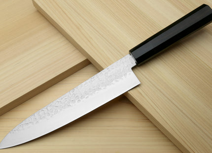 Yoshihiro Super Blue Steel Stainless Clad Hammered Gyuto Chefs Knife Ebony Handle