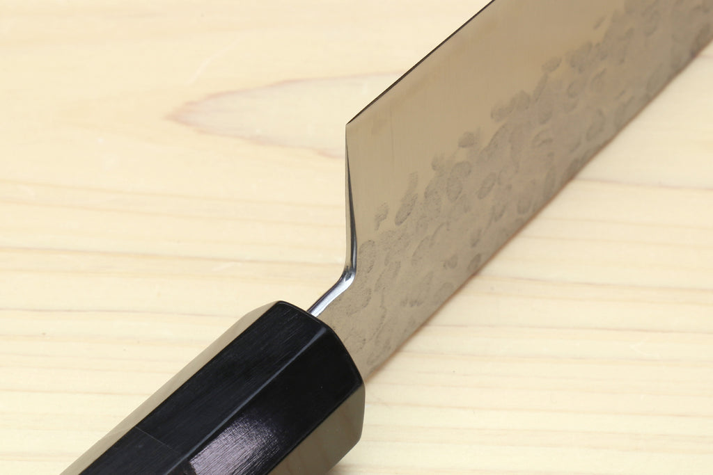 Yoshihiro Super Blue Steel Stainless Clad Hammered Gyuto Chefs Knife Ebony Handle (Blade Length 9.5" (240mm))