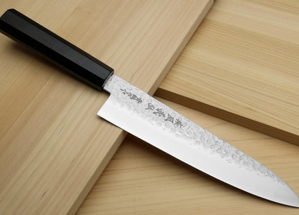 Yoshihiro Super Blue Steel Stainless Clad Hammered Gyuto Chefs Knife Ebony Handle