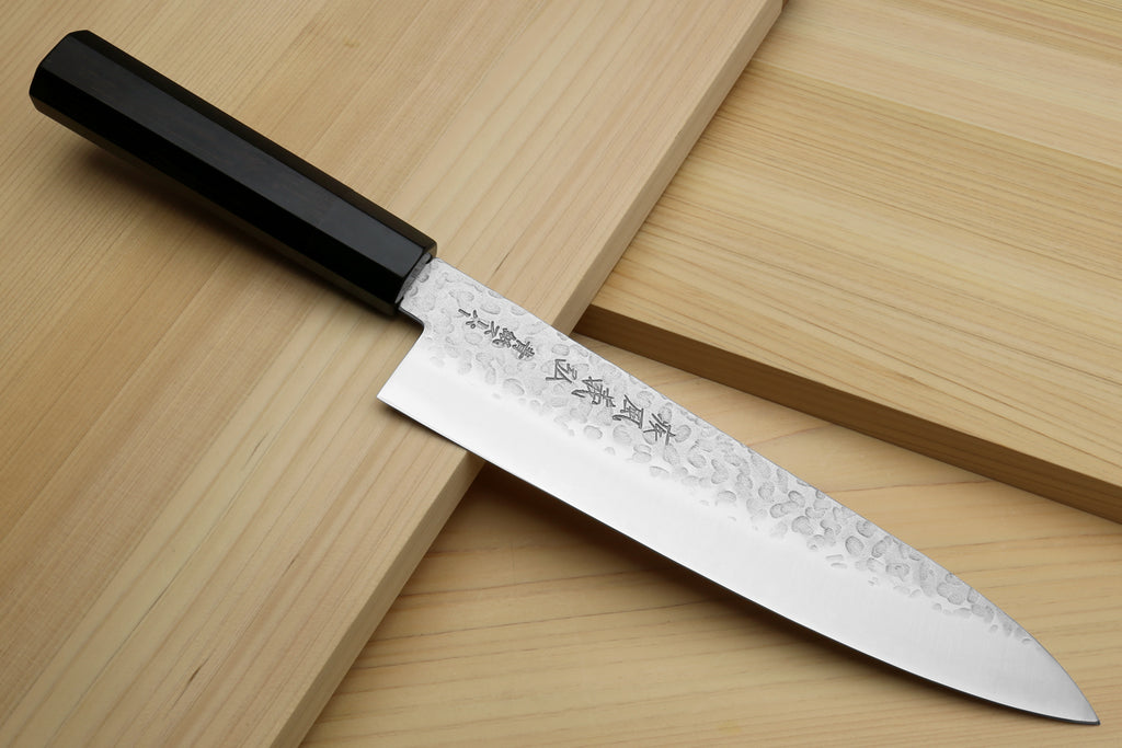 Yoshihiro Super Blue Steel Stainless Clad Hammered Gyuto Chefs Knife Ebony Handle (Blade Length 9.5" (240mm))