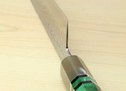 Yoshihiro Super Blue Steel Stainless Clad Hammered Gyuto Chefs Knife Stabilized Maple Burl Handle
