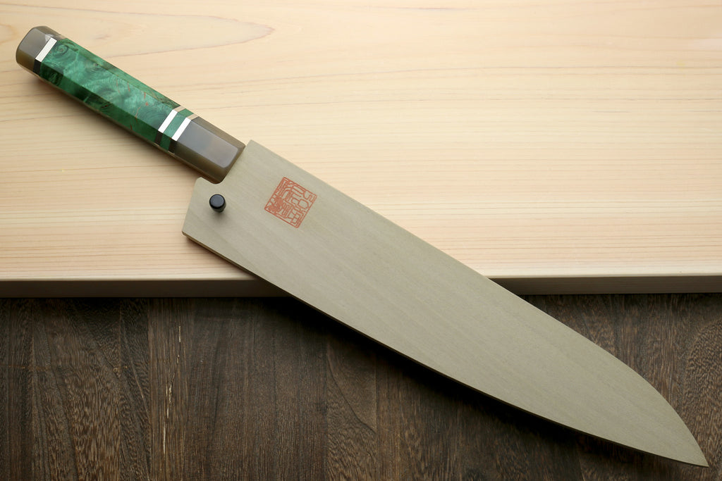 Yoshihiro Super Blue Steel Stainless Clad Hammered Gyuto Chefs Knife Stabilized Handle 240mm 9.5 inch