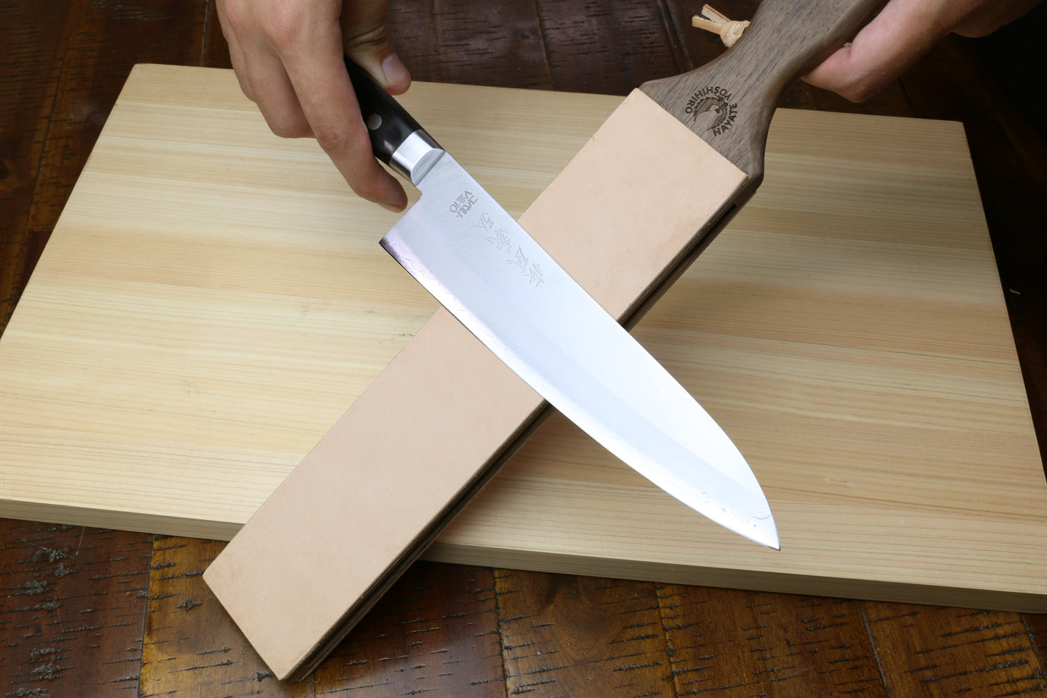 Yoshihiro Cutlery Two-Sided Leather Strop with Wooden Handle