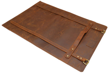 Brown leather knife roll case with long outer flap and brass buckle straps