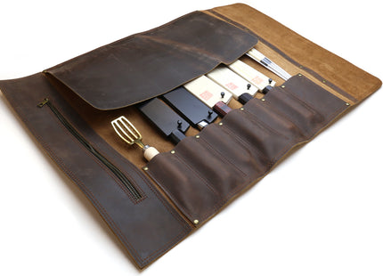 Yoshihiro Hayate Genuine Natural Leather Knife Culinary Roll Storage Bag Case Brown