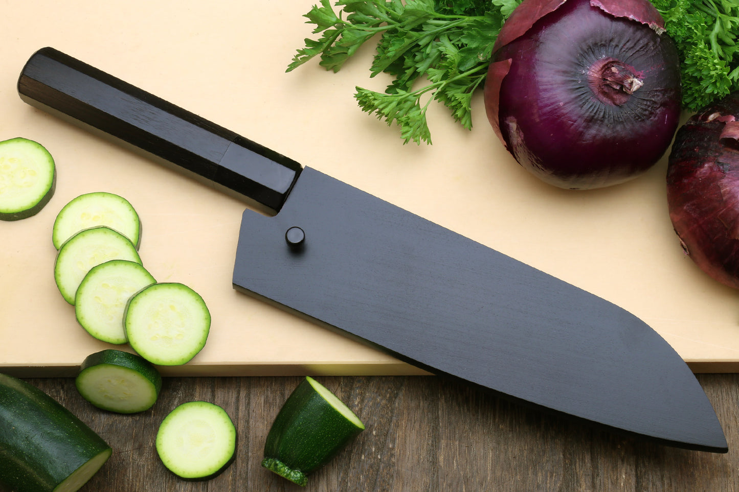 Yoshihiro Kurouchi Black-Forged Blue Steel Stainless Clad Santoku Multipurpose Knife (Ebony Handle)