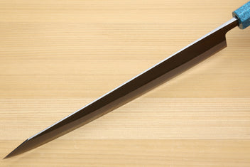 Sujihiki knife blade with pointed tip and dark steel finish