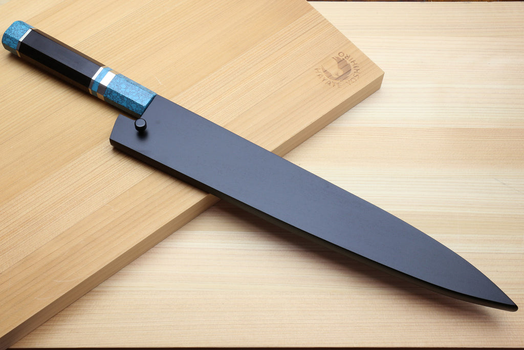 Yoshihiro Kurouchi Black-Forged Blue Steel Stainless Clad Sujihiki Kiritsuke Slicer Knife (Turquoise Blue Handle) — 9.5" (240mm)
