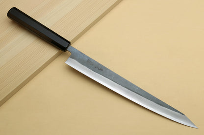 Yoshihiro Kurouchi Black-Forged Blue Steel Stainless Clad Sujihiki Kiritsuke Slicer Knife (Ebony Handle)