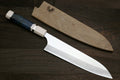 A Japanese-style chef's knife with a polished silver blade and a dark blue marbled handle, shown next to its wooden sheath on a dark wood background.