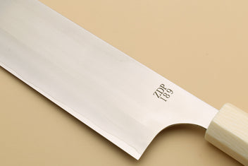 Gyuto knife blade close-up with ZDP-189 marking near the ivory bolster