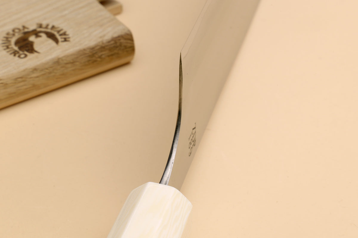 Gyuto chef's knife with ivory handle bolster and curved steel blade