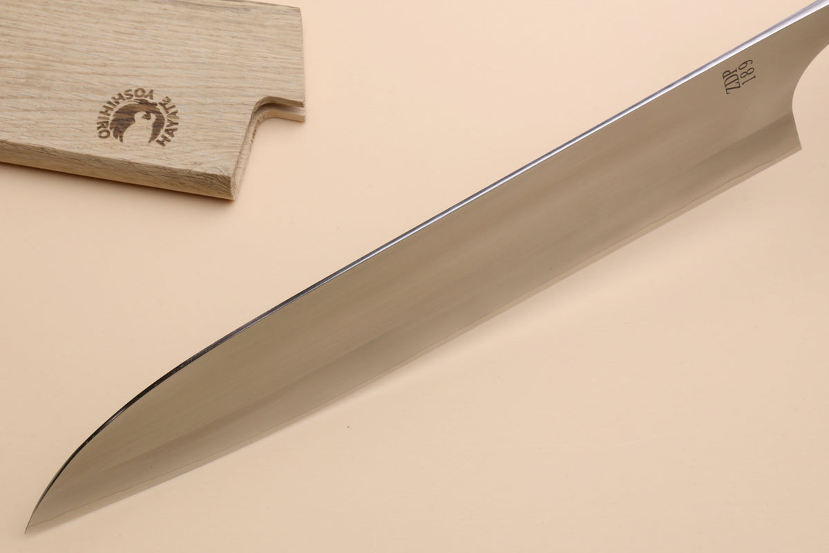 Long gyuto chef's knife blade with polished steel and pointed tip