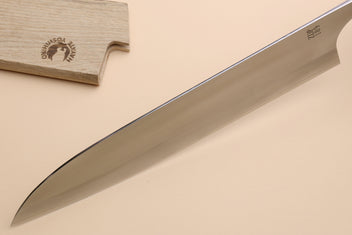 Long gyuto chef's knife blade with polished steel and pointed tip