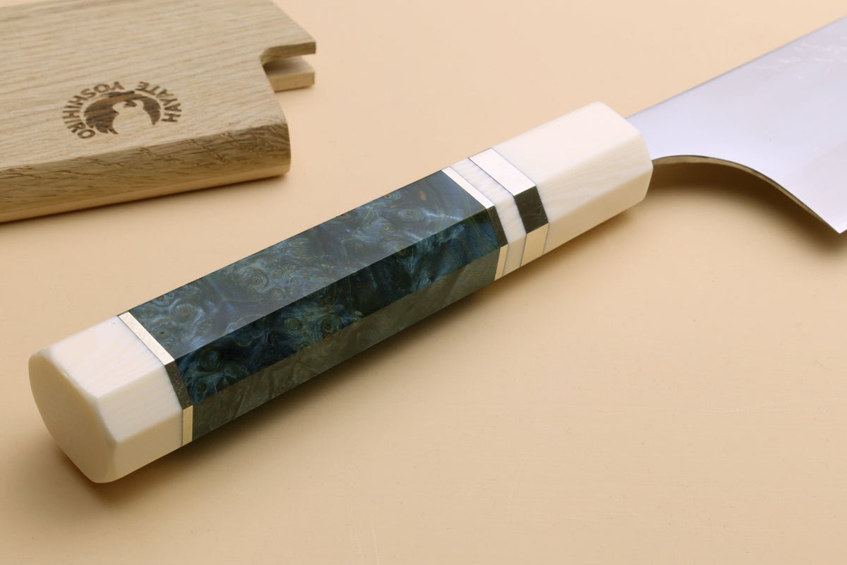 Gyuto knife's blue patterned octagonal handle with ivory end caps and bolster
