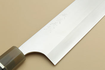 Yoshihiro Hayate knife close-up of polished blade and curved heel