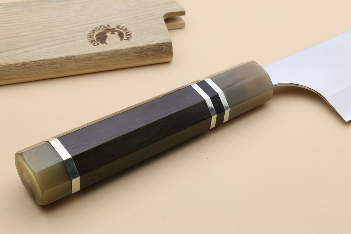 Yoshihiro Hayate knife close-up of dark ebony handle with triple metal rings