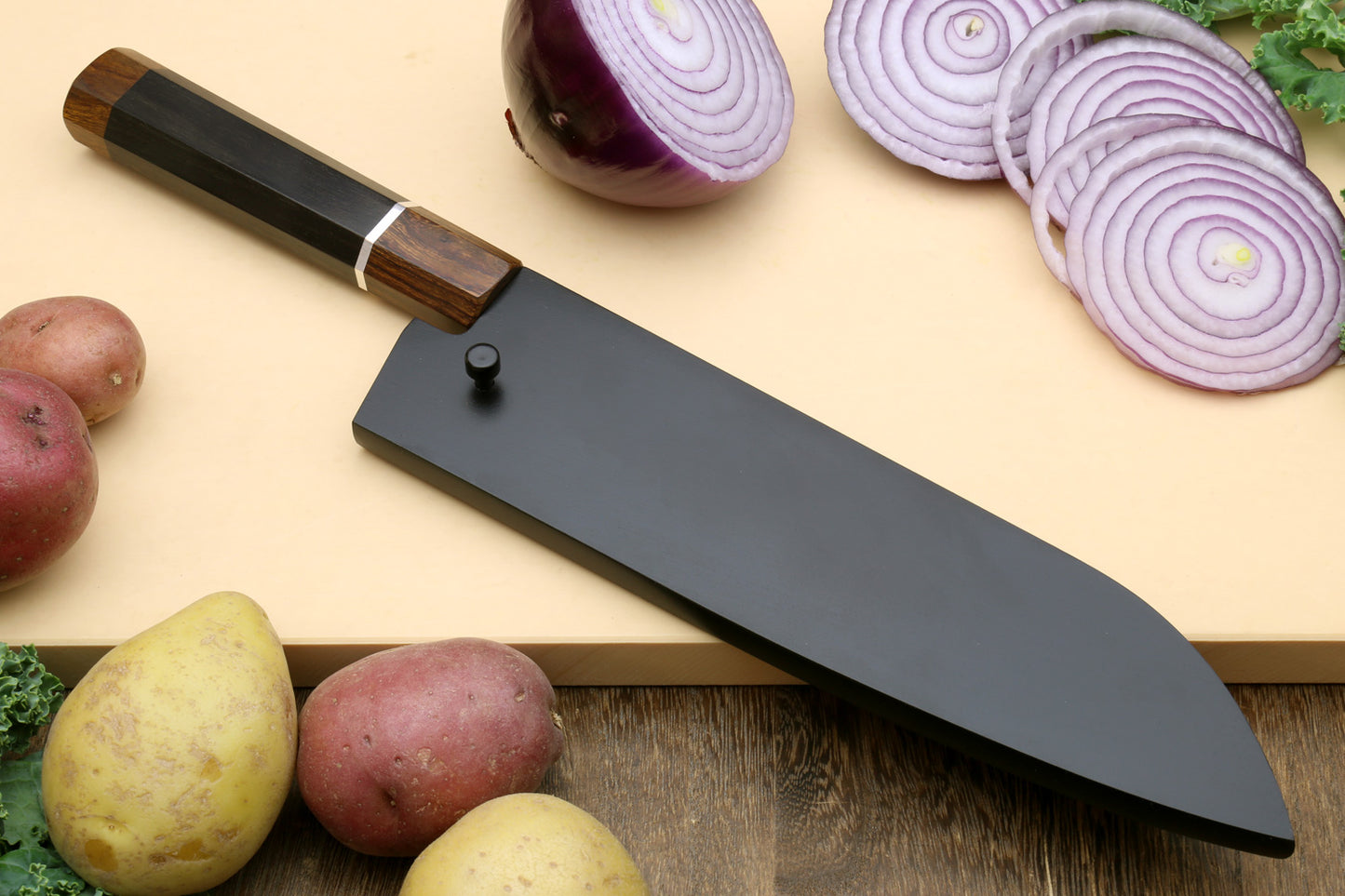 Yoshihiro Hayate ZDP-189 Super High Carbon Stainless Steel Santoku Multipurpose Knife 7" (180mm) Ebony Handle with Sterling Silver Ring Nuri Saya Cover