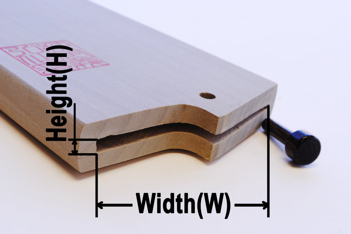 Nakiri knife saya cover with width/height measurement overlay and blue end knob