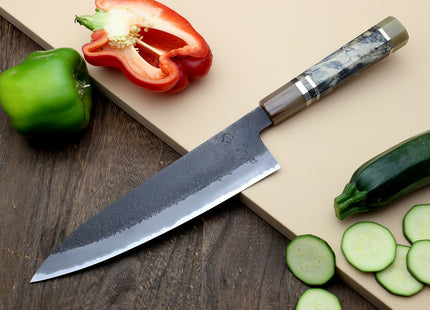 Hayate Hinoura Kurouchi Black-Forged Blue Steel Stainless Clad Gyuto Chefs Knife