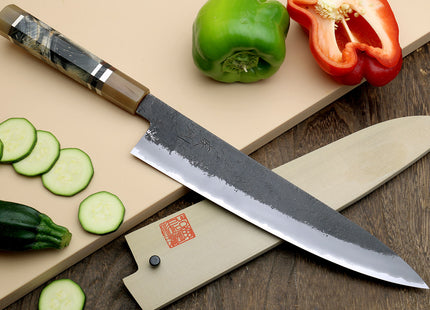 Hayate Hinoura Kurouchi Black-Forged Blue Steel Stainless Clad Gyuto Chefs Knife