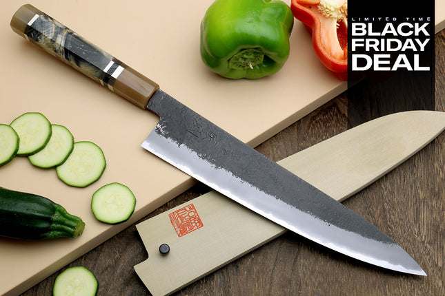 (BF Sale) Hayate Hinoura Kurouchi Black-Forged Blue Steel Stainless Clad Gyuto Chefs Knife (Blade Length 8.25" (210mm))