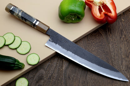 Hayate Hinoura Kurouchi Black-Forged Blue Steel Stainless Clad Gyuto Chefs Knife