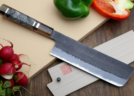 Hayate Hinoura Kurouchi Black-Forged Blue Steel Stainless Clad Nakiri Vegetable Knife