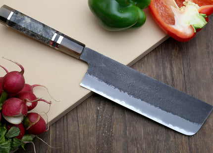 Hayate Hinoura Kurouchi Black-Forged Blue Steel Stainless Clad Nakiri Vegetable Knife