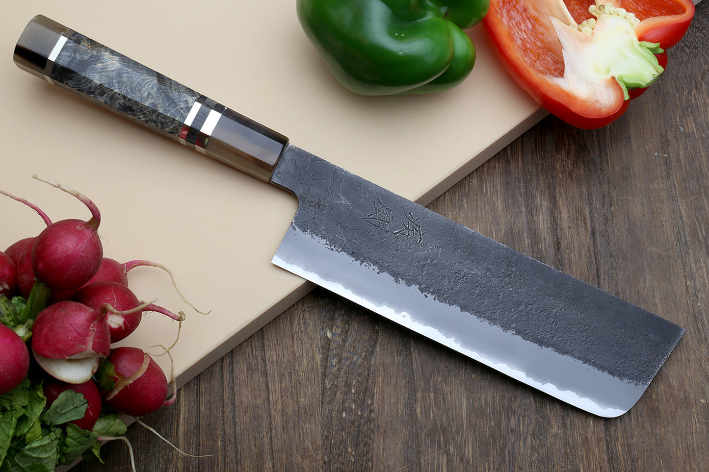 Hayate Hinoura Kurouchi Black-Forged Blue Steel Stainless Clad Nakiri Vegetable Knife