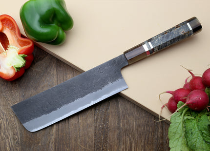 Hayate Hinoura Kurouchi Black-Forged Blue Steel Stainless Clad Nakiri Vegetable Knife