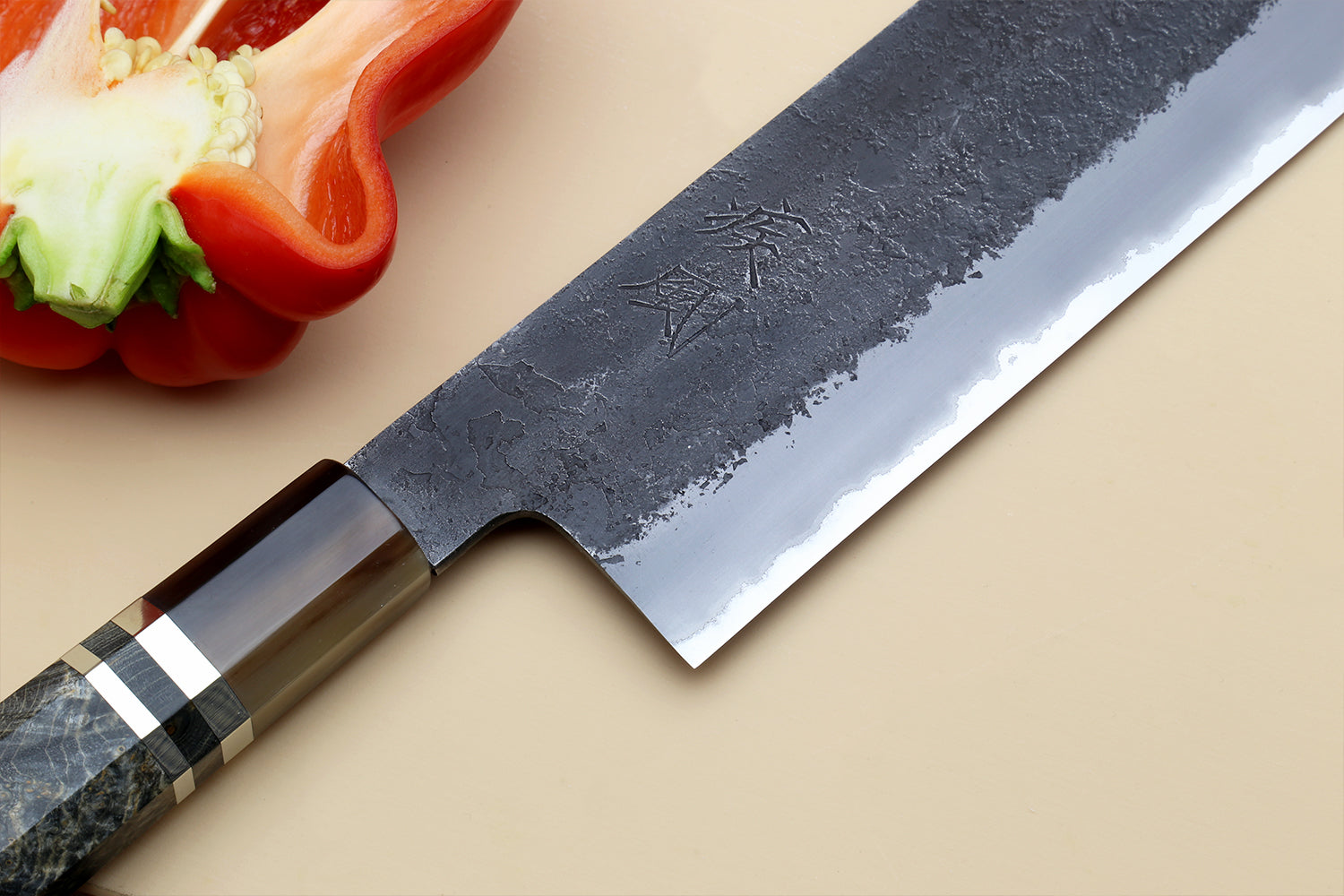 Hayate Hinoura Kurouchi Black-Forged Blue Steel Stainless Clad Nakiri Vegetable Knife