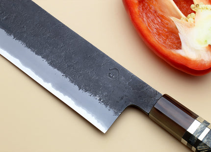 Hayate Hinoura Kurouchi Black-Forged Blue Steel Stainless Clad Nakiri Vegetable Knife