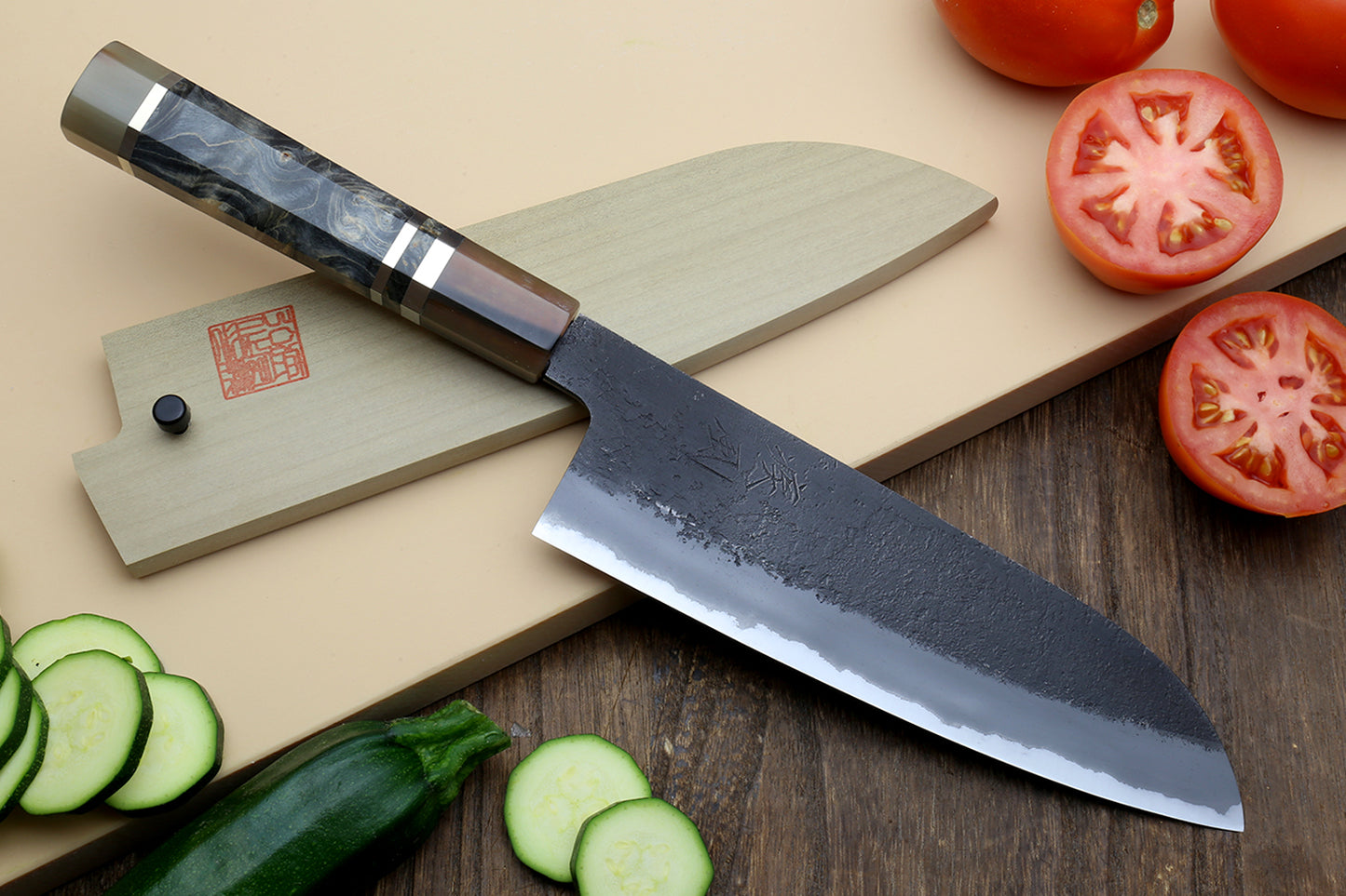 Hayate Hinoura Kurouchi Black-Forged Blue Steel Stainless Clad Santoku Multipurpose Knife