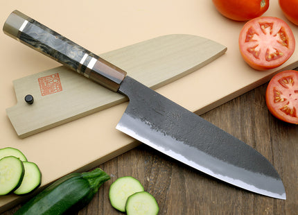 Hayate Hinoura Kurouchi Black-Forged Blue Steel Stainless Clad Santoku Multipurpose Knife
