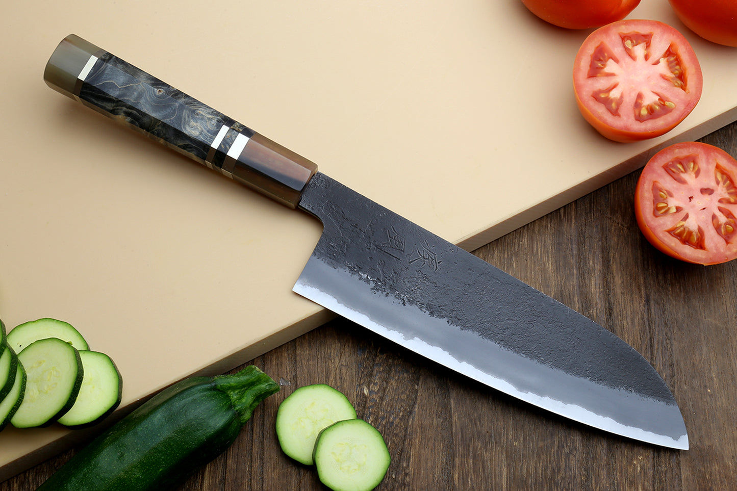 Hayate Hinoura Kurouchi Black-Forged Blue Steel Stainless Clad Santoku Multipurpose Knife